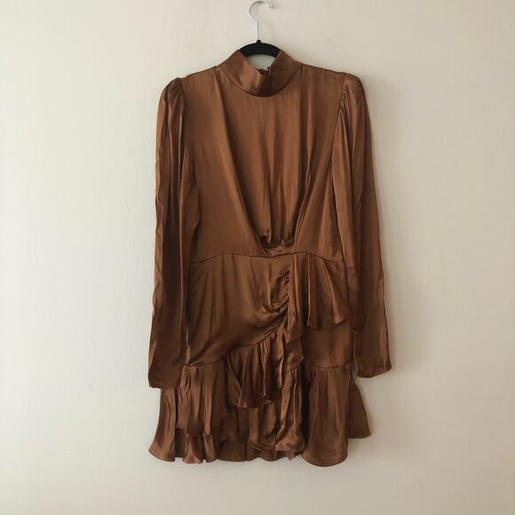 IRO Osiam Satin Ruffle Mini Dress in Camel - Picture 3 of 8